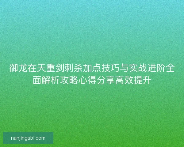 御龙在天重剑刺杀加点技巧与实战进阶全面解析攻略心得分享高效提升
